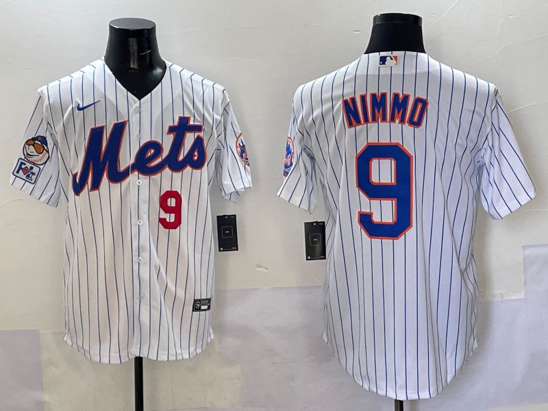 Men New York Mets 9 Nimmo White Stripe Game 2025 Nike MLB Jersey style 4